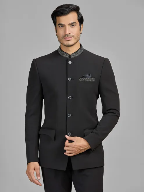 Black terry rayon jodhpuri suit for wedding celebration