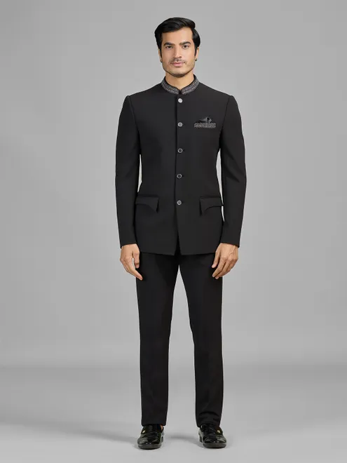 Black terry rayon jodhpuri suit for wedding celebration