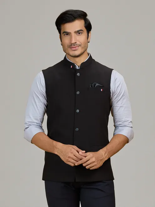 Black terry rayon waistcoat for formal occasions