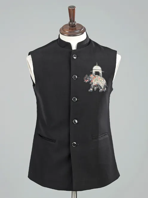 Black terry rayon waistcoat for wedding wear