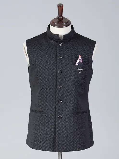 Black textured cotton silk men waistcoat