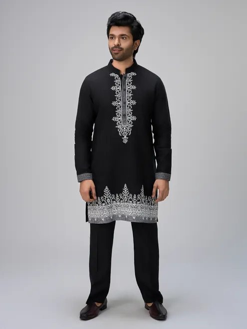 Black thread art linen kurta ensemble
