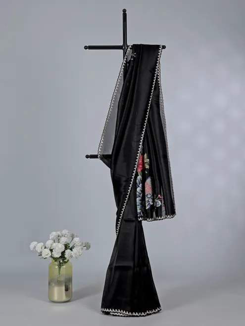 Black tissue silk saree with peacock design