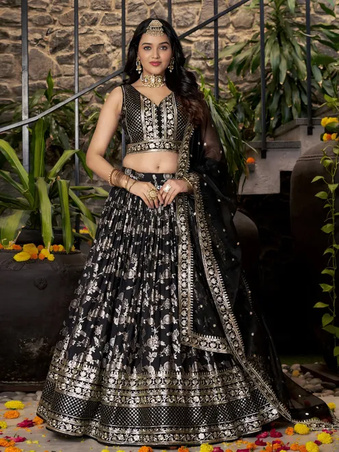 Black unstitched lehenga choli with zari sequins