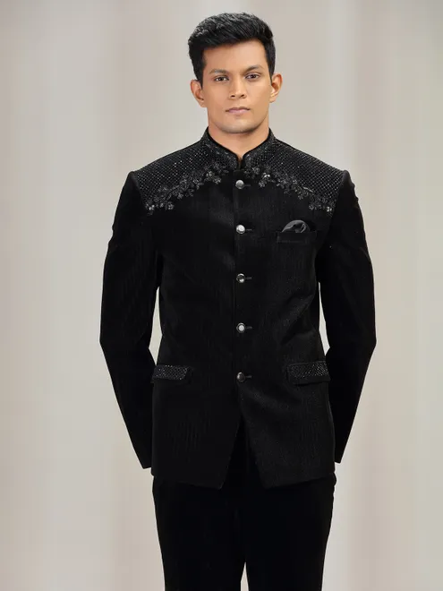 Black velvet jodhpuri suit for reception