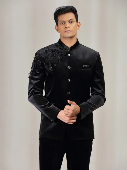 Black velvet jodhpuri suit with beads and cutdana work