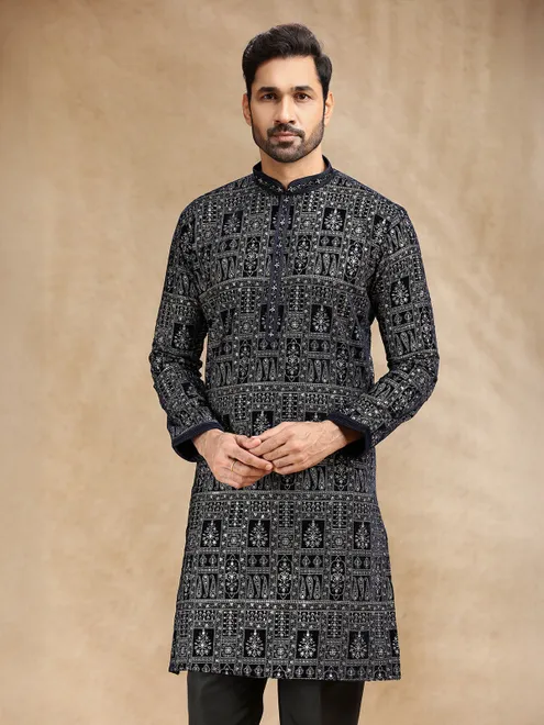 Black velvet kurta suit with resham work