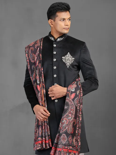 Black velvet reception wear indowestern suit