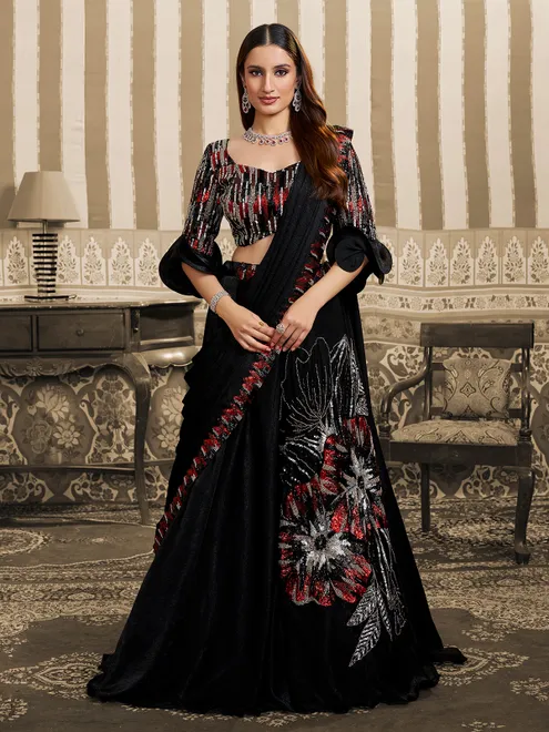 Black velvet satin lehenga saree with cutdana work for party wear