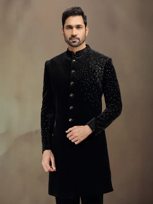 Black velvet terry rayon indowestern set for reception