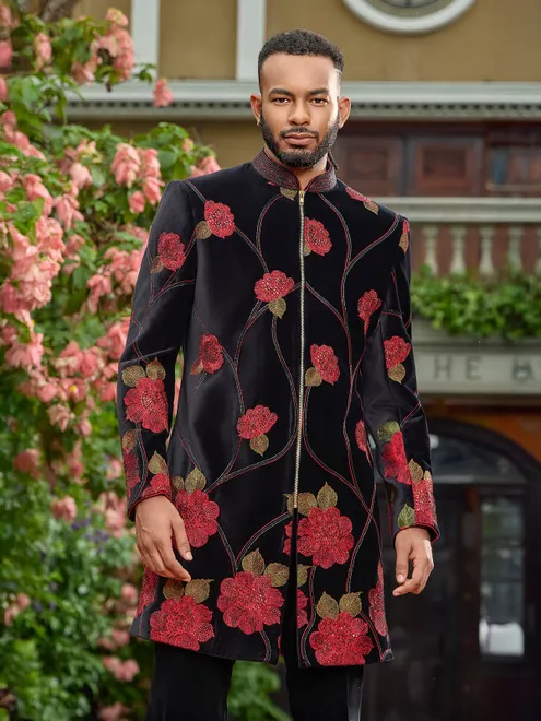 Black velvet zipper style indo western set