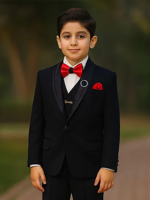 Black wedding wear boys coat suit in terry rayon
