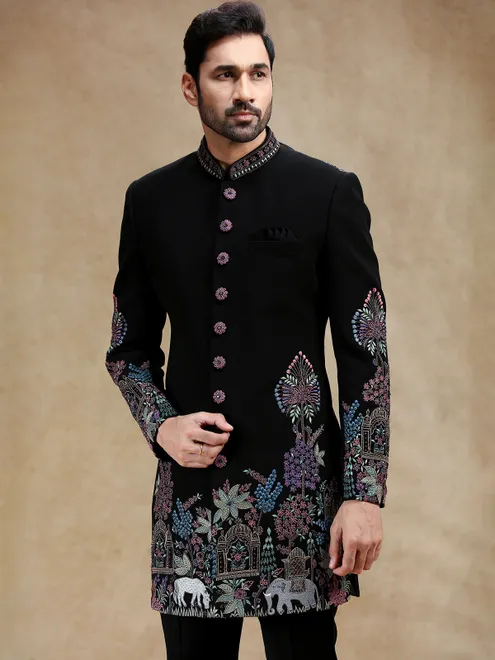 Black wedding wear indowestern set in terry rayon