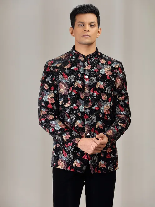 Black wedding wear jodhpuri suit with embroidery