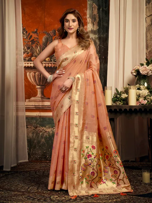 Blissful peach heritage silk saree