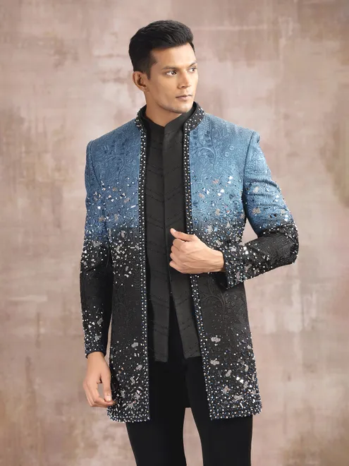 Blue and black shaded silk indo western with aabla work