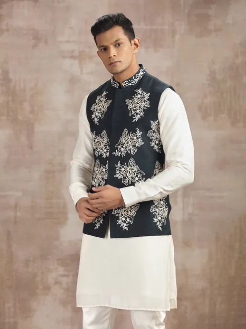 Blue and off white silk waistcoat set