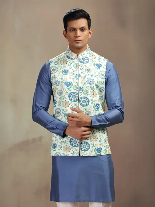 Blue and pista printed banarasi silk waistcoat set