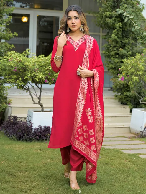 Red elegant silk kurti with dupatta