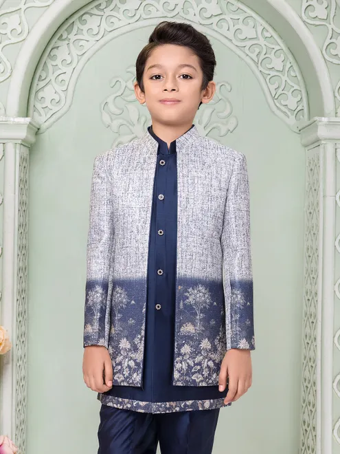 Blue and white printed silk indo western set for boys