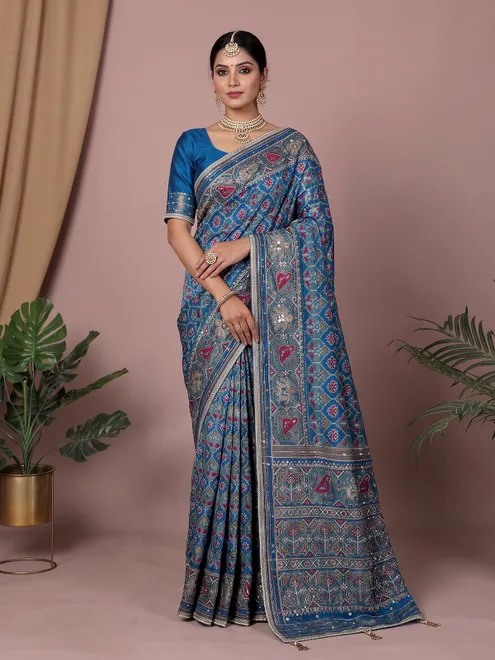 Blue art pattola silk saree with heritage motifsc