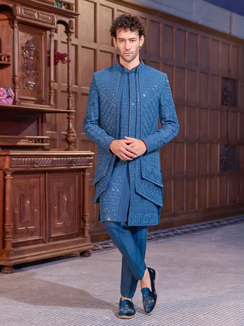 Blue art silk embroidered aabla work indo western jacket