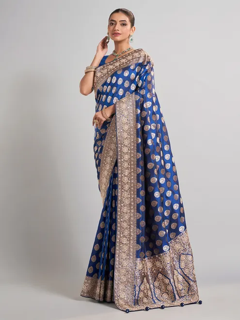 Blue banarasi silk saree with intricate traditional zari work