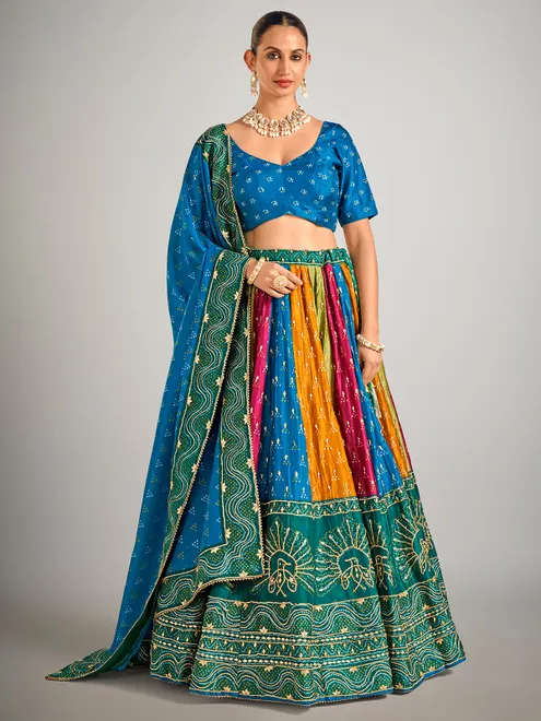 Blue bandhej print silk lehenga choli