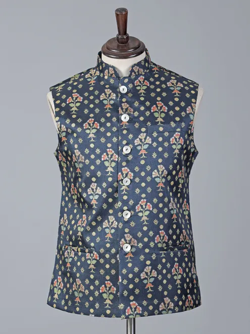 Blue brocade elegant printed waistcoat