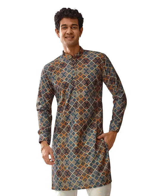 Blue brown cotton printed kurta with sequins highlight
