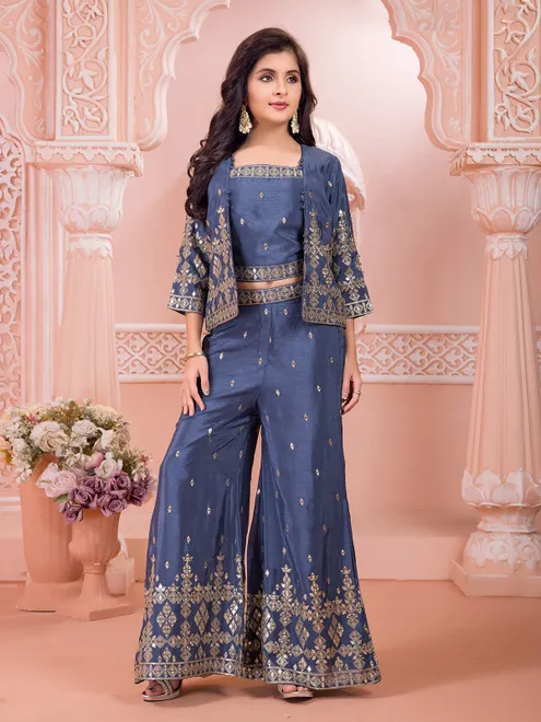 Blue chiffon pakistani jacket style palazzo suit