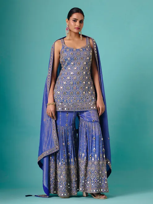 Blue chiffon silk sleeveless embroidered sharara suit