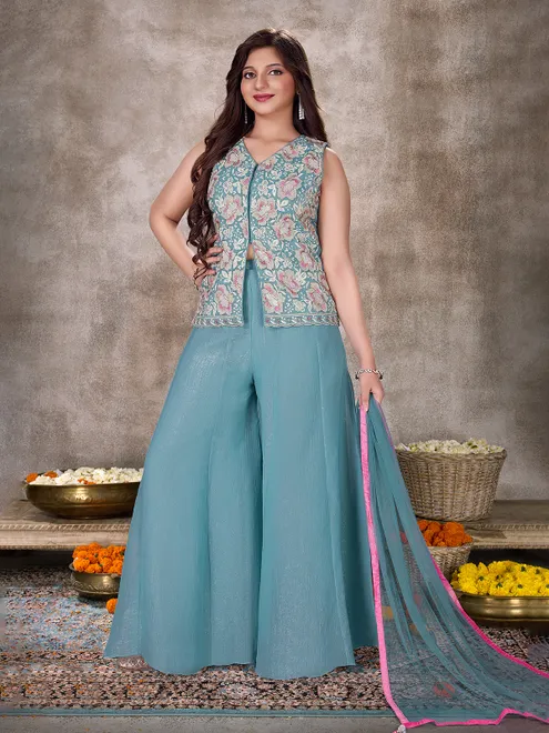 Blue chiffon wedding wear palazzo suit