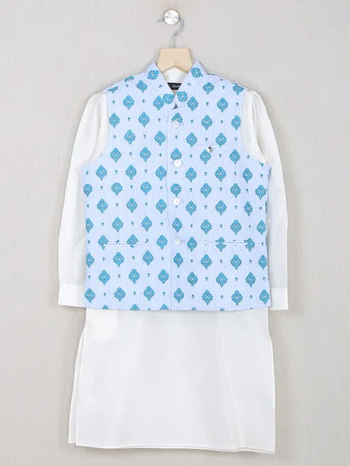Blue color printed boys silk fabric waistcoat set