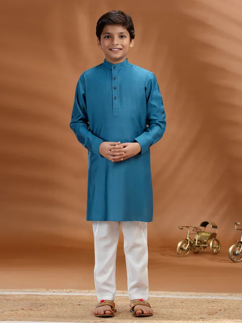 Blue cotton boys kurta suit