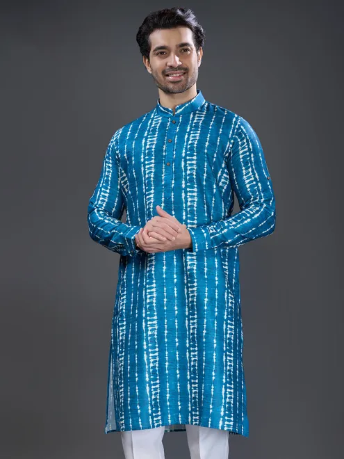 Blue cotton festive wear printed kurta suit for men