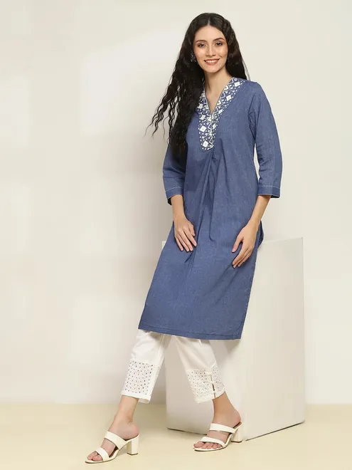 Blue cotton kurti for casual with V neck style