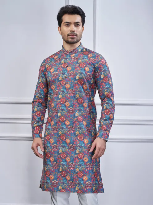 Blue cotton printed kurta suit for mens