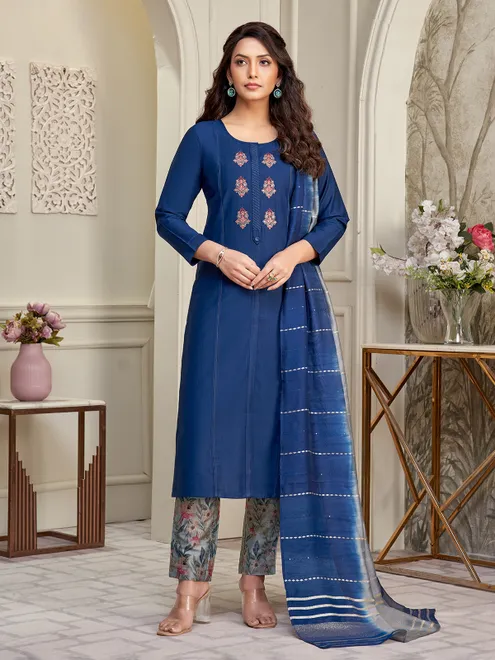 Blue cotton salwar suit with embroidery and shaded dupatta