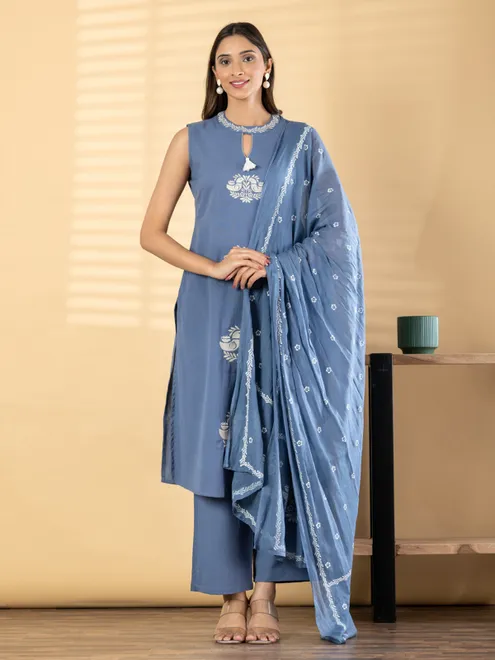 Blue cotton silk bird embroidery festive kurti set