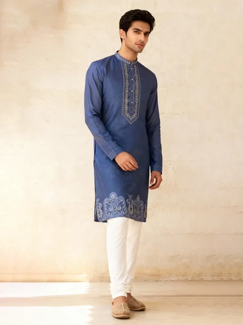Blue cotton silk daman printed festive kurta suit