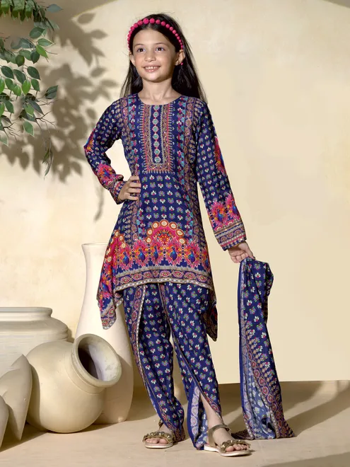 Blue cotton silk dhoti suit for girls