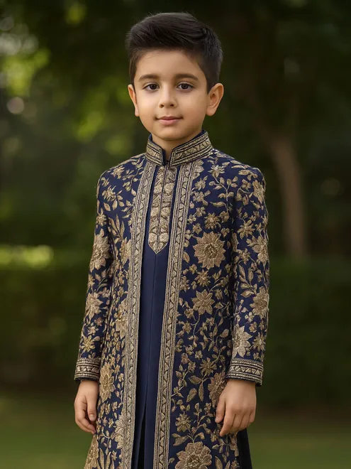 Blue cotton silk indowestern suit with embroidery