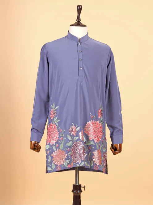 Blue cotton silk kurta in resham for men