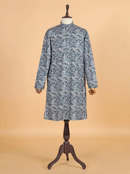Blue cotton silk kurta suit with print for men