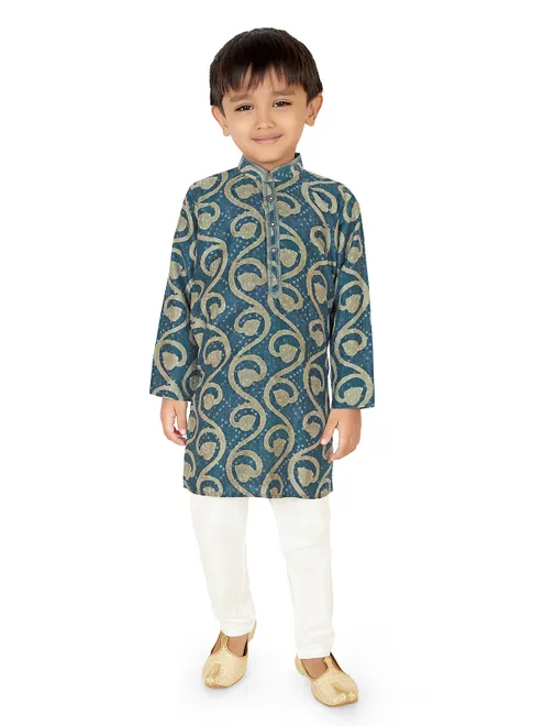 Blue cotton silk printed festive kurta suit