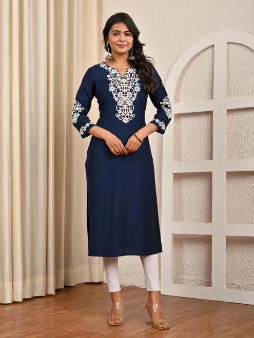 Blue cotton silk thread work sweetheart kurti