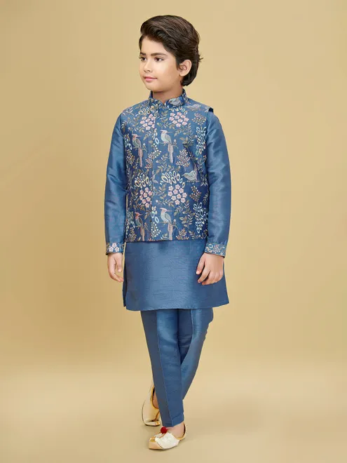 Blue cotton silk waistcoat set for boys for festive celebration