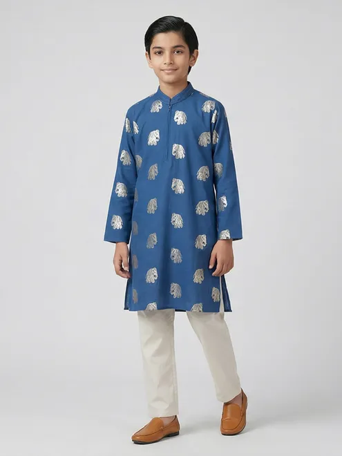 Blue cotton silk zari work festive kurta suit