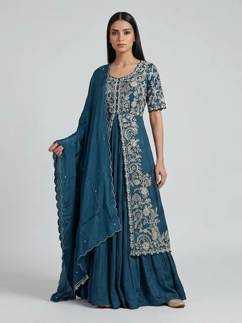 Blue crepe silk embellished designer anarkali suit